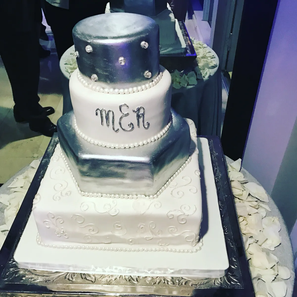 Silver and white fondant wedding cake with monogram