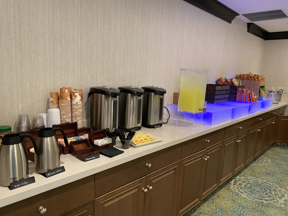 Tea room with hot water urns, coffee, tea and lemonade