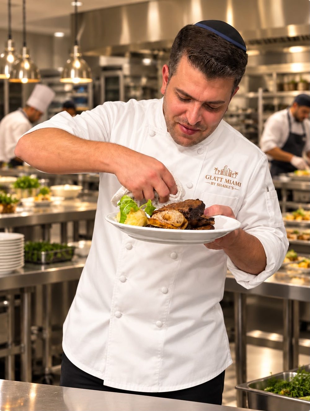 Chef Ari Beck plating a dish in the kitchen