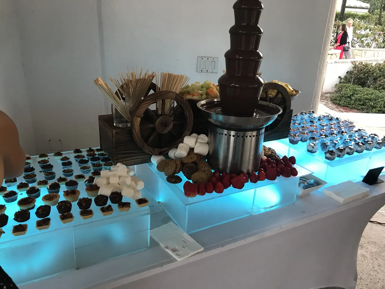 Chocolate fountain with strawberries, marshmallows, cookies and mini desserts