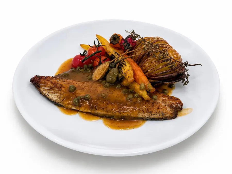 Crispy-skin branzino with hasselback potato, rainbow carrots and caper sauce