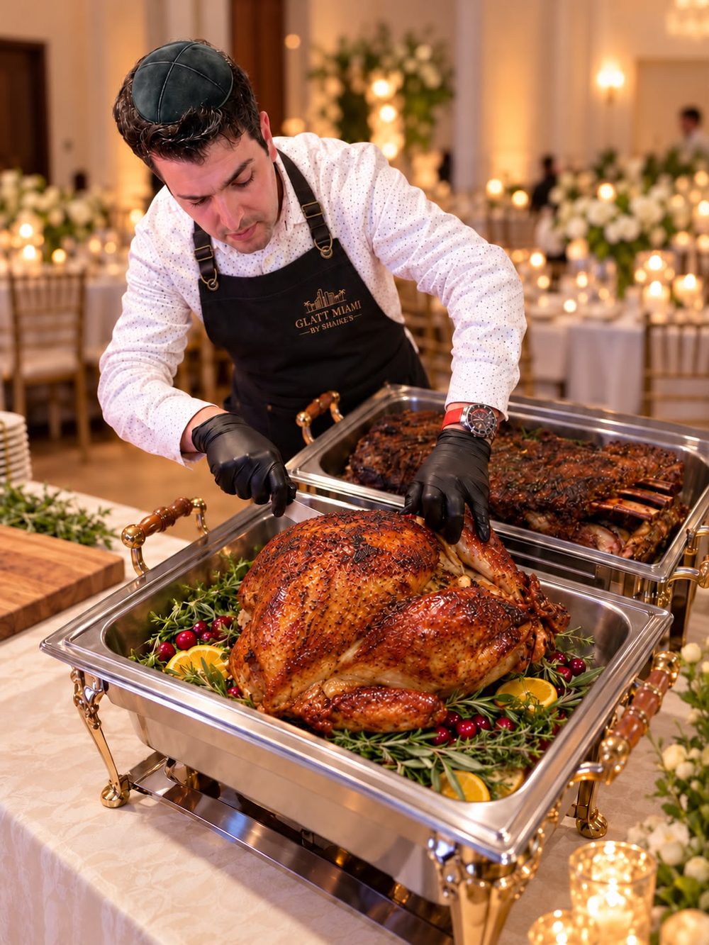 Chef carving a roasted Thanksgiving turkey