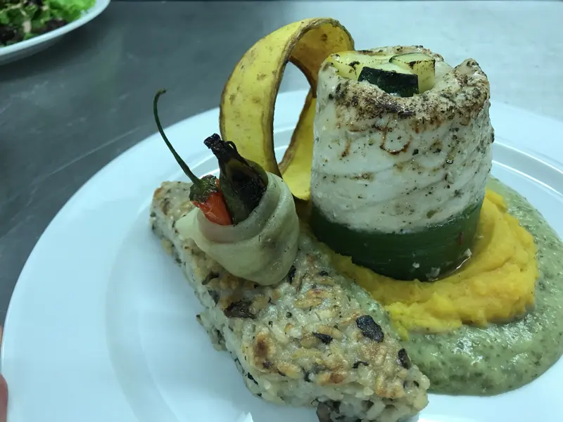 Fish roll with plantain and quinoa tuile