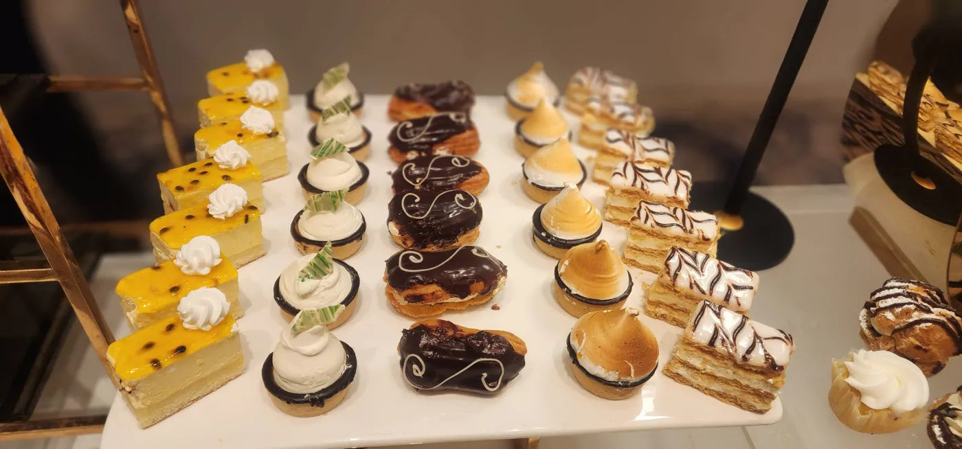 Passion fruit cheesecake, tarts, eclairs and napoleons